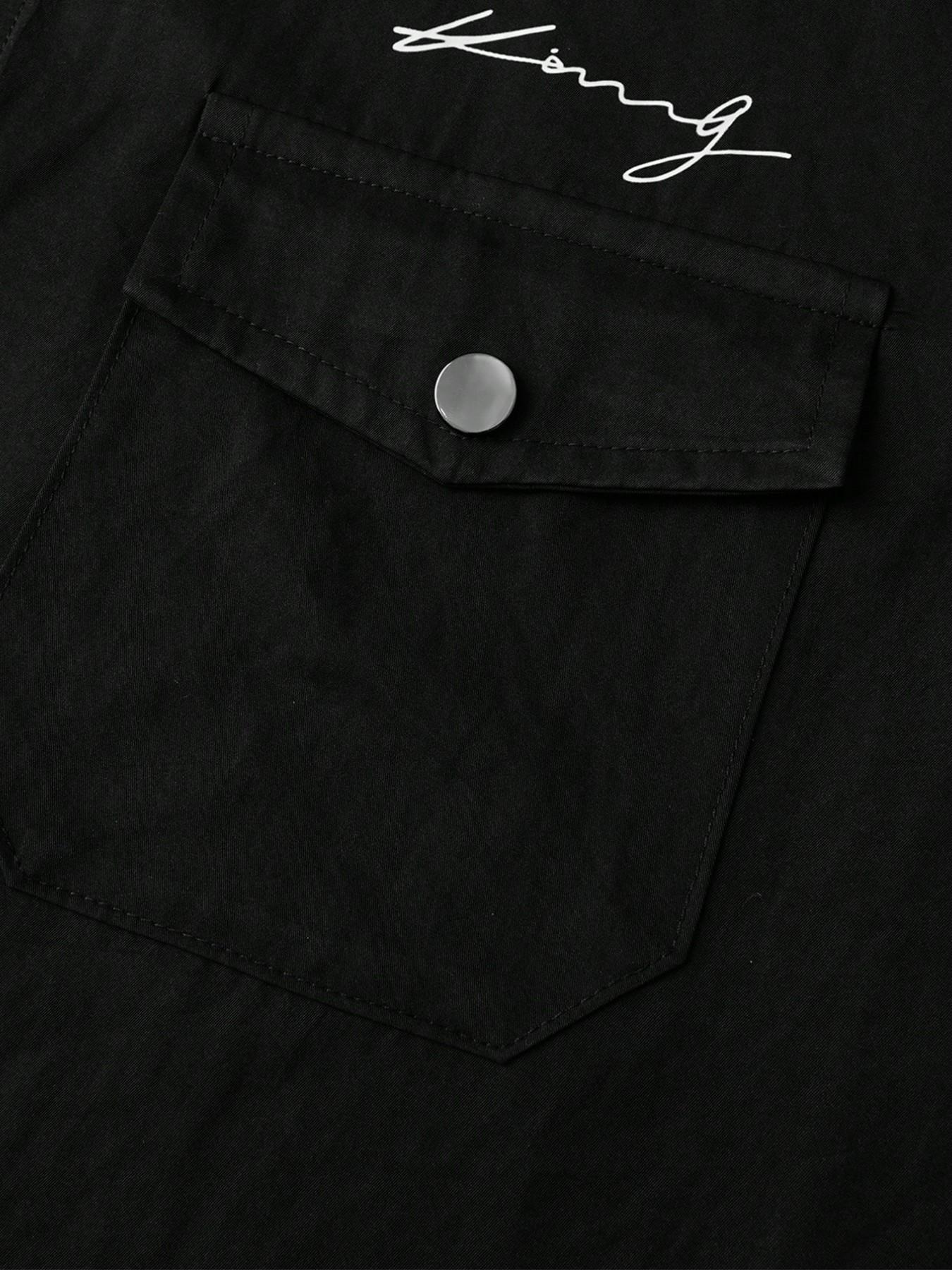 Neutral Zipper Short Sleeve Shirt, Casual Signature Embroidery Pocket Streetwear Top, Loose-Fitting Figure Pattern Clothing
