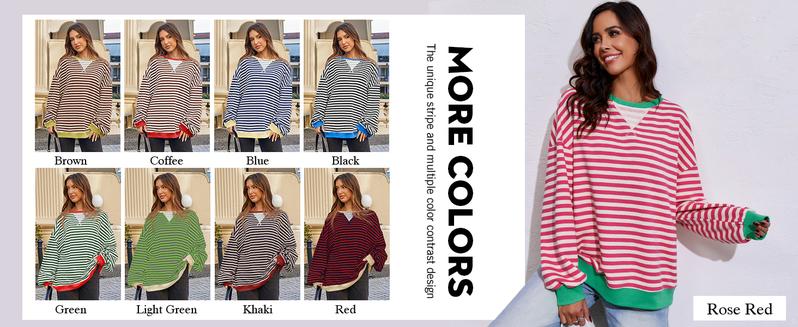 Fisoew Womens Striped Oversized Sweatshirt Color Block Crew Neck Long Sleeve Shirt Casual Loose Pullover Top Y2K Clothes