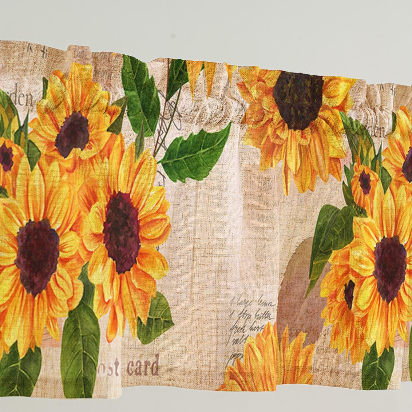 JIT 1PC/2PCS/3PCS linen printed curtains, fresh pastoral style with warm-toned sunflower patterns, semi-transparent rod-pocket type, 195G fabric texture, suitable for kitchens and bedrooms, making your home warmer and cozier, Window Curtain