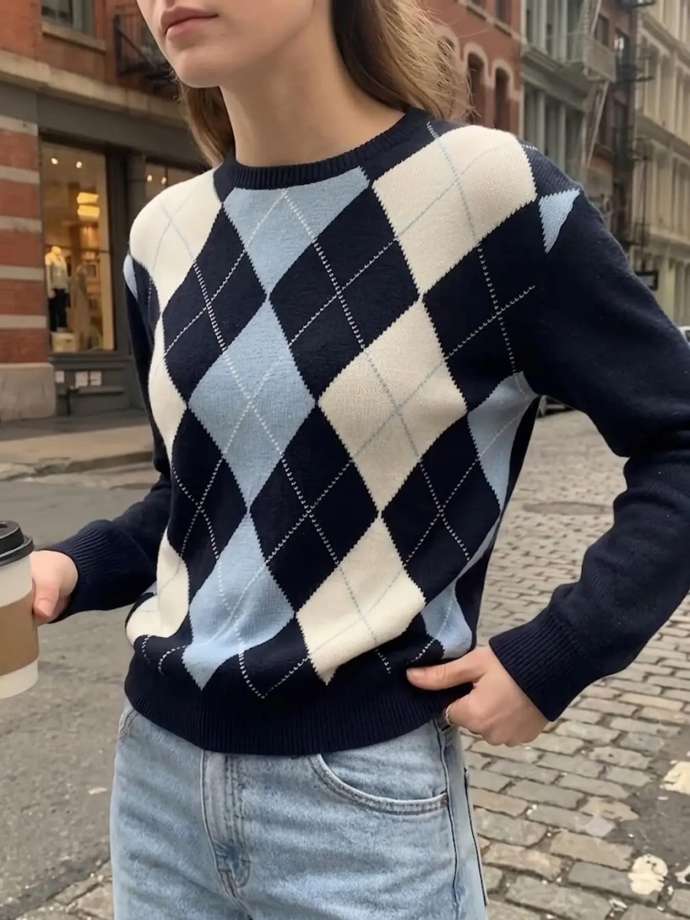Women's Autumn Winter New Color Block Knit Sweater, Pullover Round Neck Long Sleeve with Argyle Diamond Jacquard Pattern, Cozy Casual Fashion Jumper for Ladies