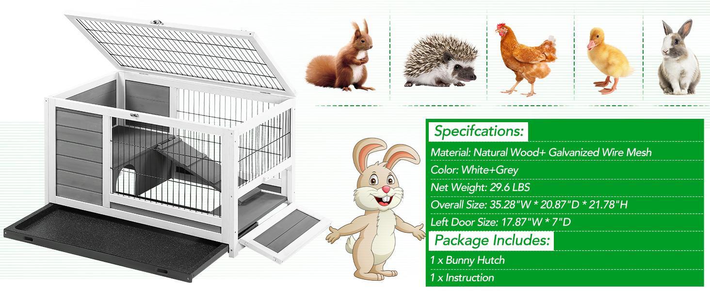 Rabbit Hutch with Deeper No Leak Tray & Run, 35.4’’ Pet House for Small Animals Rabbit Cage Guinea Pig House Bunny Hutch Indoor & Outdoor