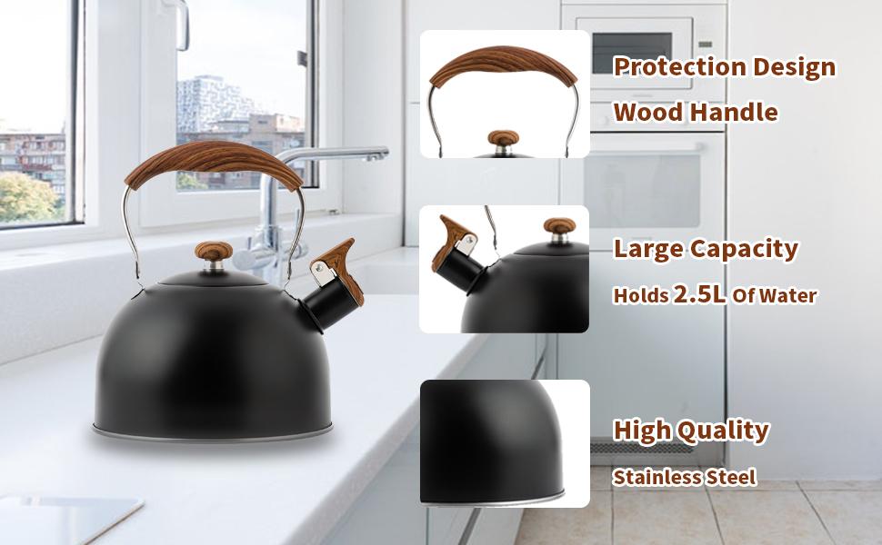 Whistling Tea Kettle Tea Pots 2.5L, Stainless Steel Kettle with Wood Pattern Folding Handle, Whistle Kettle for Tea Coffee