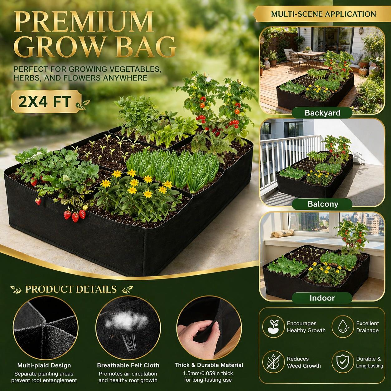 Portable Garden Planting Box, Thick Breathable Fabric Planter Bed, Fabric Grow Pot, Multi-Compartment Design, Ideal for Tomatoes, Strawberries, Herbs, Indoor/outdoor Use