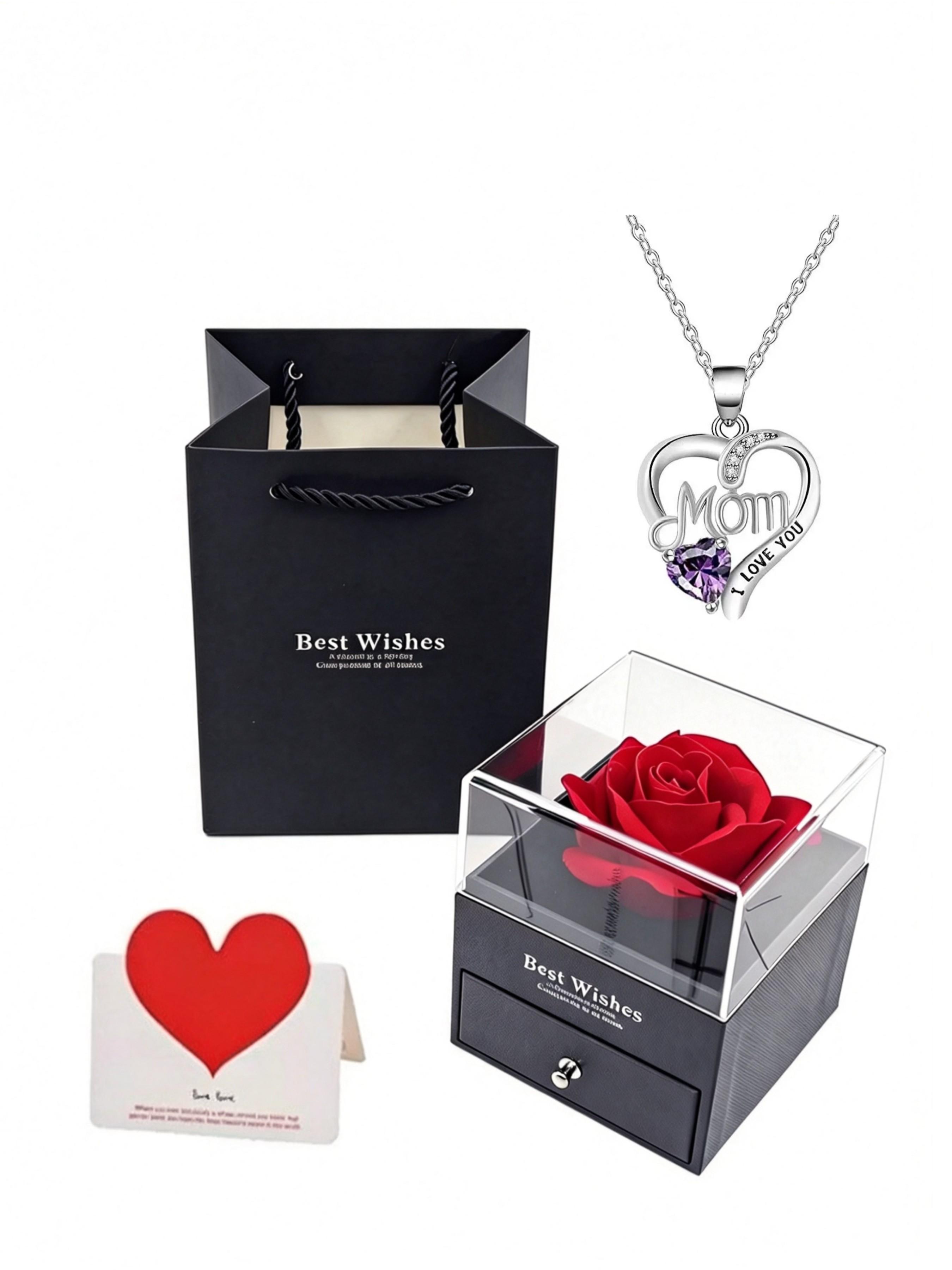 Mother's Day Gift Necklace, Heart Rose Flower Pendant, Personalized Letter Engraving, Elegant Jewelry Box Packaging, Perfect for Mom