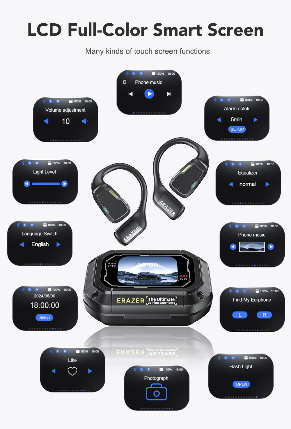 ERAZER Open Ear Translation Earbuds, Support 135 Languages Translator with APP, Real Time Translator Earbuds, OWS LCD Touchscreen Translator Bluetooth Headphones Long Battery Life Ear Buds Compatible with iPhone, Android, Black