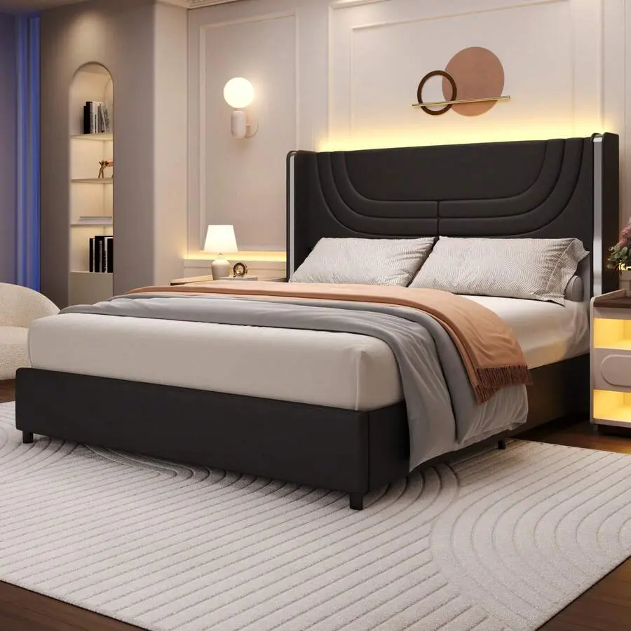 Modern LED Upholstered Bed Frame With Silver Wingback Headboard – Soft PU Leather, Platform Design, Easy Assembly, Twin Bed Frame / Full Bed Frame/ Queen Bed Frame / Twin /Full / Queen Size Bed Frame, Black/Pink/Beige (USB LED Strip)