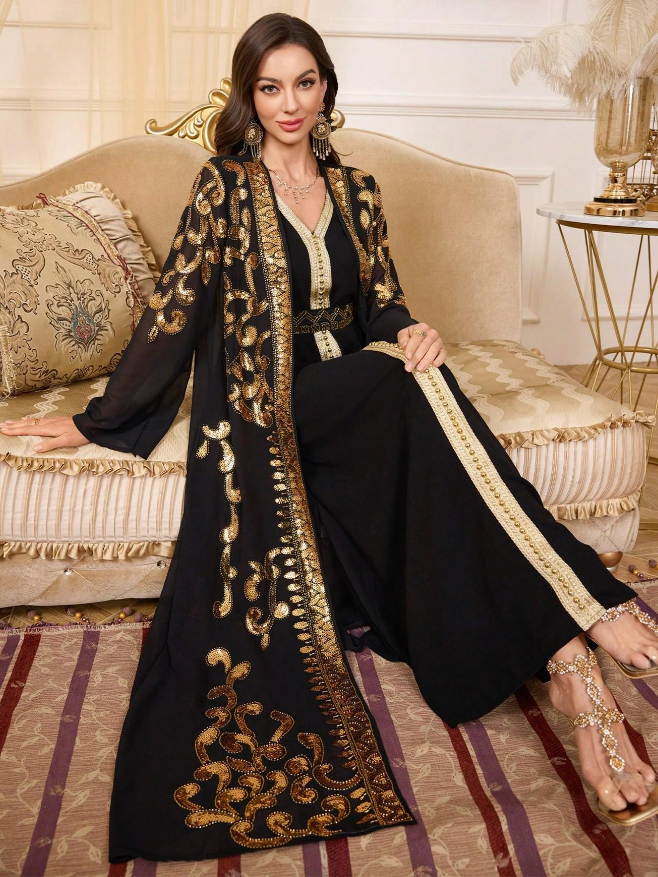 Gold Embroidered Two-Piece Dubai Muslim Robe, Elegant Islamic Clothing, Heavy Sequin Open Front, Elegant Long Sleeve Maxi Dress for All Seasons