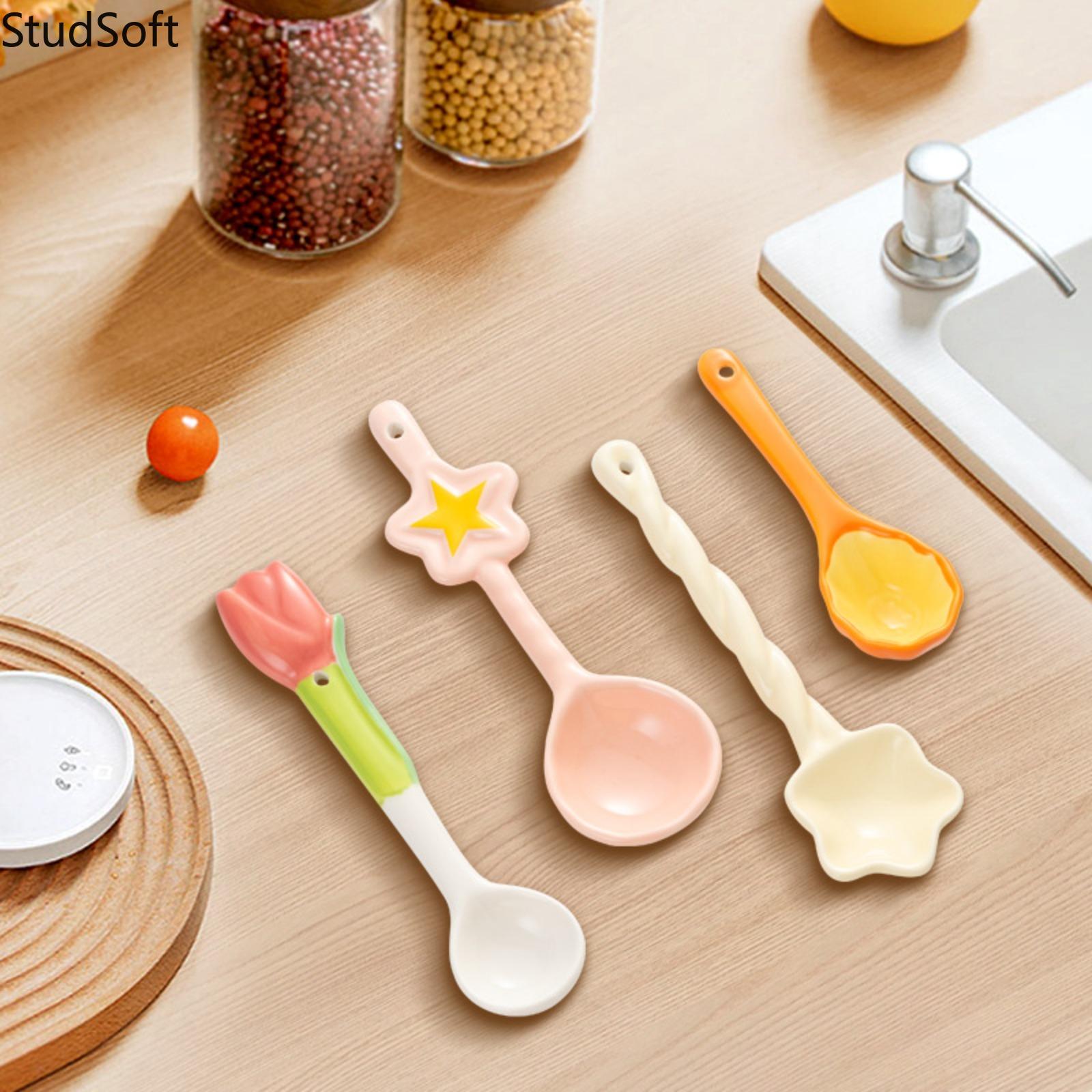 Set of 4 Cute & Stylish Cartoon Ceramic Spoons — Long-Handled Soup Spoons for Home Use, Adorable & Fun Utensils for Kids and Adults