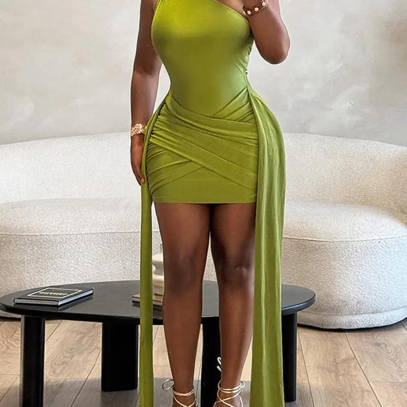 Elegant Satin One-Shoulder Strapless Top Skirt for Women, Single-Sided Strapless Neck Pleated Waist Tie Dress, Slimming Party Birthday Gown Bodycon