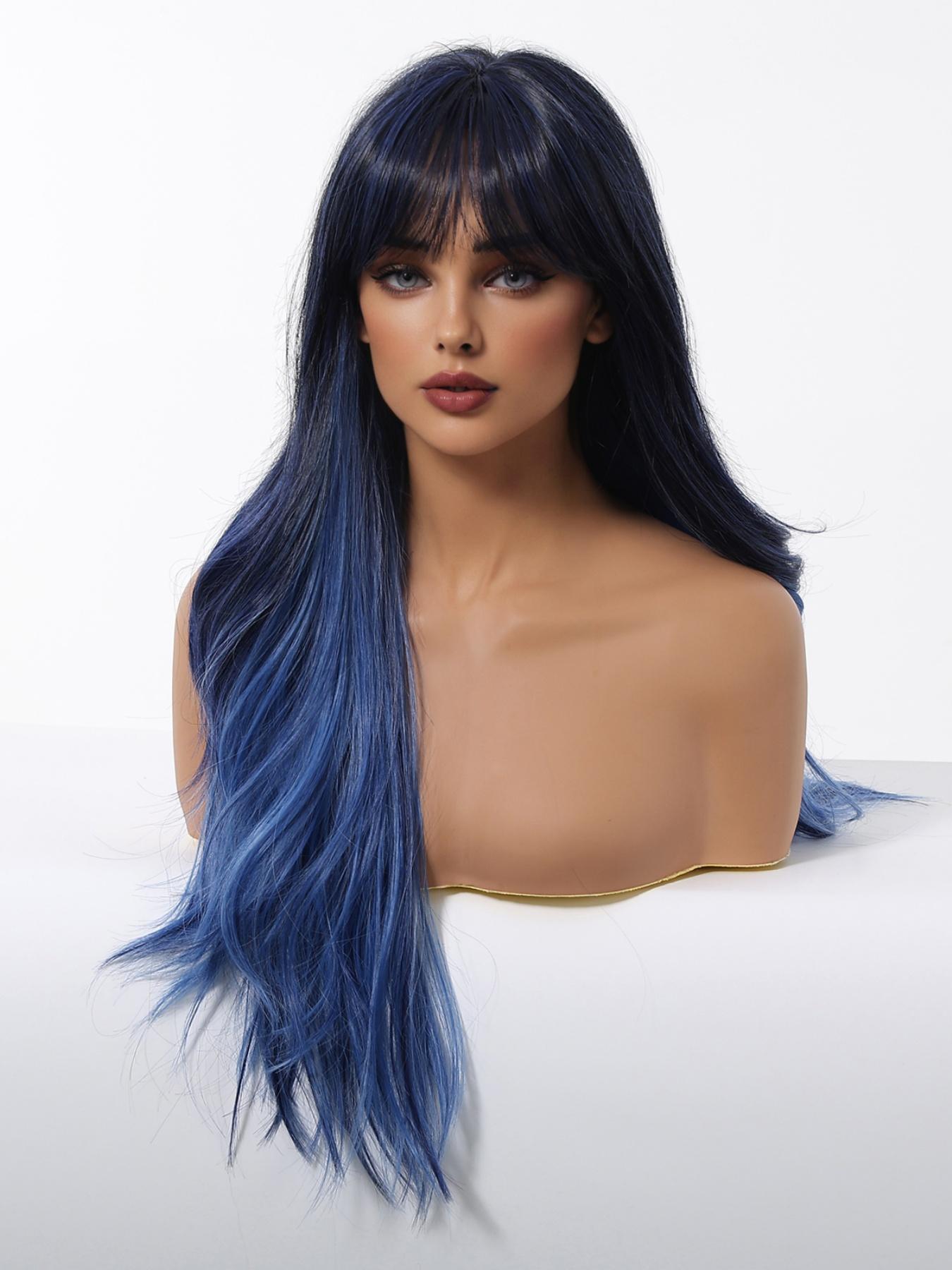 Fashionable New Long Wavy Dark Blue Wigs with Bangs and Blue Highlights, Synthetic Women's Wigs for Daily Use, Parties or Halloween Cosplay Taking Photos