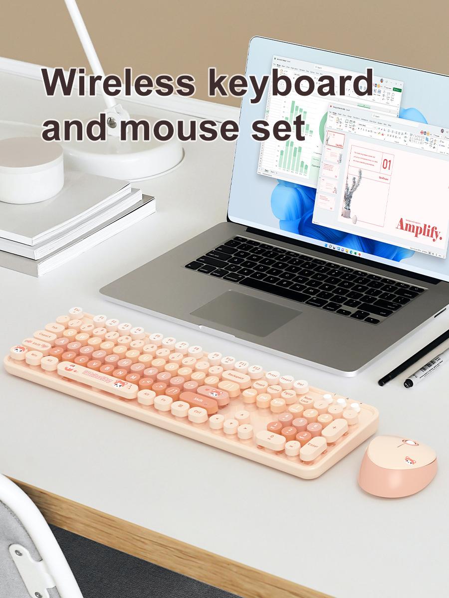 MOFii 1 Set Wireless Keyboard and Mouse Combo, Pink Bear Cute Office Keyboard Mouse, 2.4G Plug and Play, Compatible with Laptop & Desktop, US Qwerty (Battery Not Included)