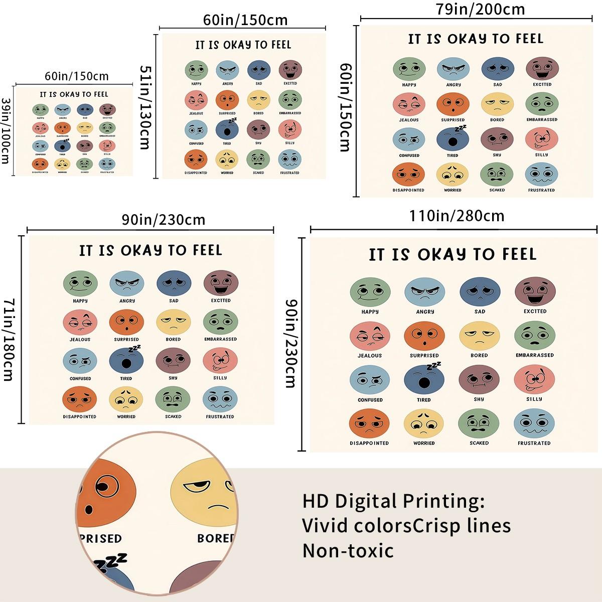 It Is Okay to Feel Emotion Chart Tapestry, Mental Health Awareness Wall Hanging, Colorful Mood Faces Tapestry for Bedroom Living Room Office, Positive Affirmation Wall Decor, Ideal Gift for Teens & Adults