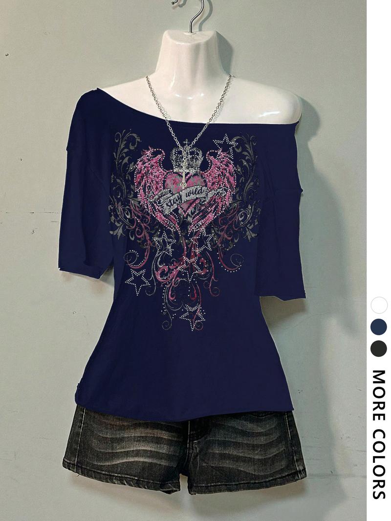 Women's Asymmetrical Neck Digital Print Summer Casual T-Shirt, Vintage Campus Style, Fashion Trend Letter Design Women's Asymmetrical Neck Digital Print Summer Casual T-Shirt, Vintage Campus Style, Fashion Trend Letter Design