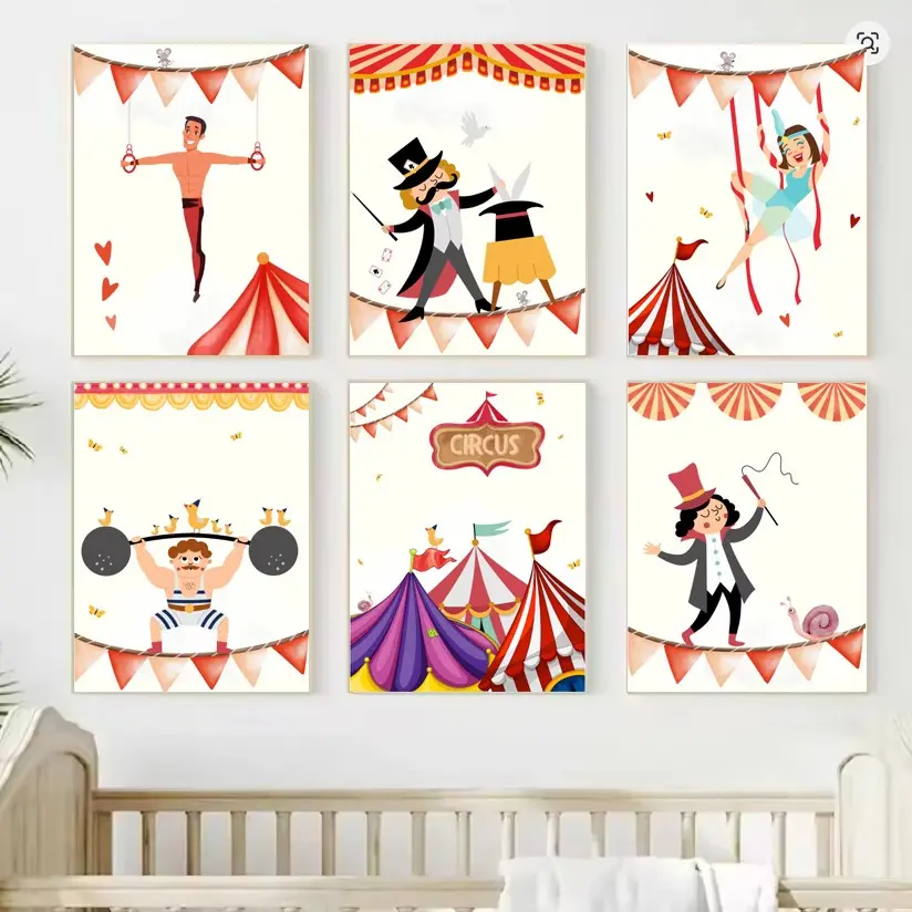 6pcs/set Unframed Funny Cartoon Circus House Acrobats Carnival Magician Nursery Poster Canvas Painting Wall Art Pictures Home Interior Decor
