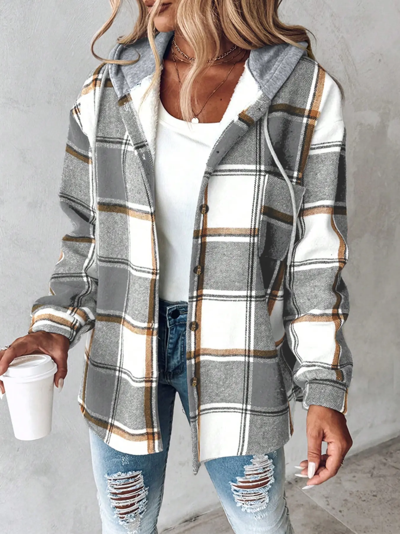 Women's Plaid Hooded Jacket, Checkered Pattern, Fleece Lined Full Zipper, Windproof Warm Fabric, Bohemian Style, Fall Winter Wear, Casual