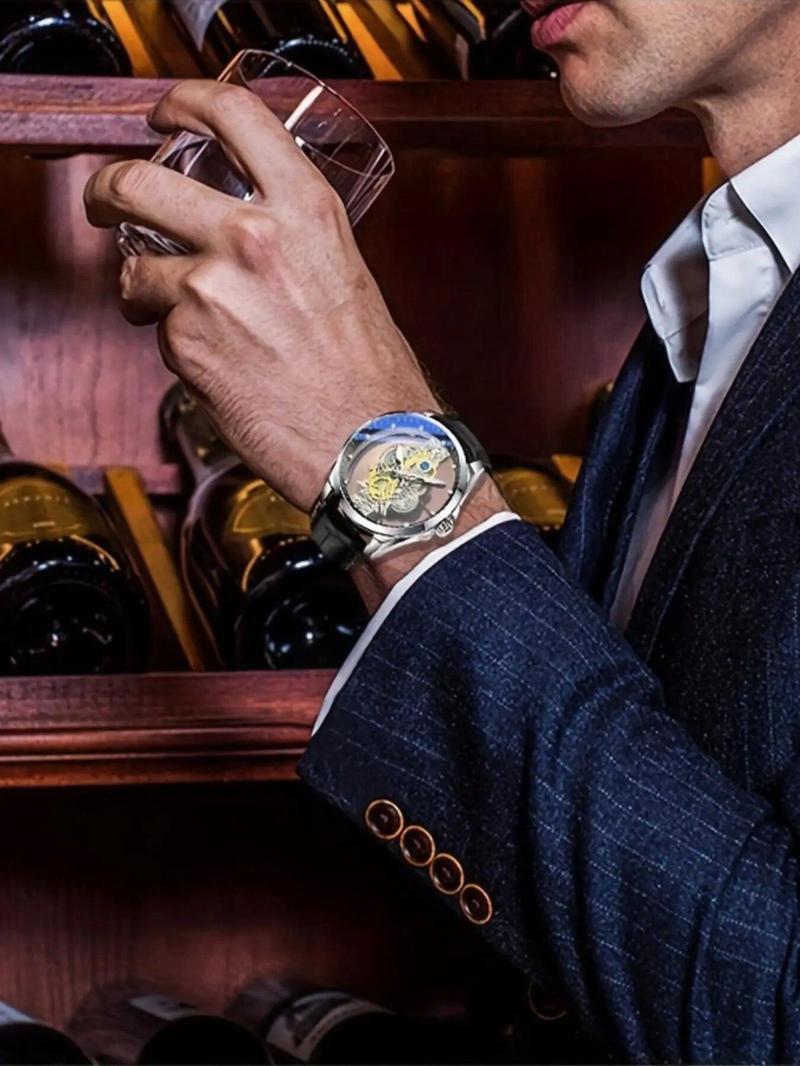 Men's Casual Sportive Glow in the Dark Analog Watch with Round Dial, Elegant Trendy Wristwatch for Business & Daily Use As Gift with Box for Men, Skeleton Watches, National Day Offers