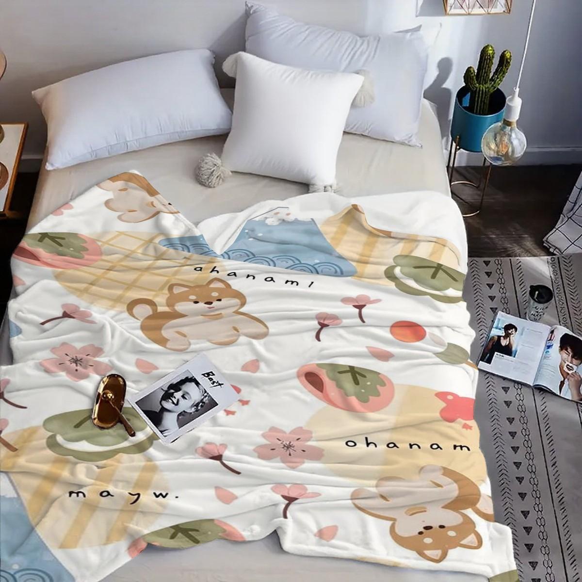 Cute Puppy Cherry Blossom Print Blanket, Soft Skin-Friendly Portable Throw, Ideal for Bedroom, Sofa, Office, Outdoor, Gift