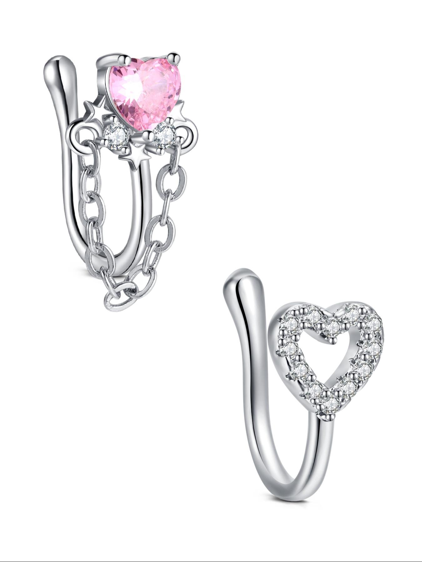 Non-Piercing Zirconia Nose Ring Clip, Nose Cuff, Moon Butterfly Design, Silver Color, Elegant Women's Jewelry Accessory, No Piercing Needed