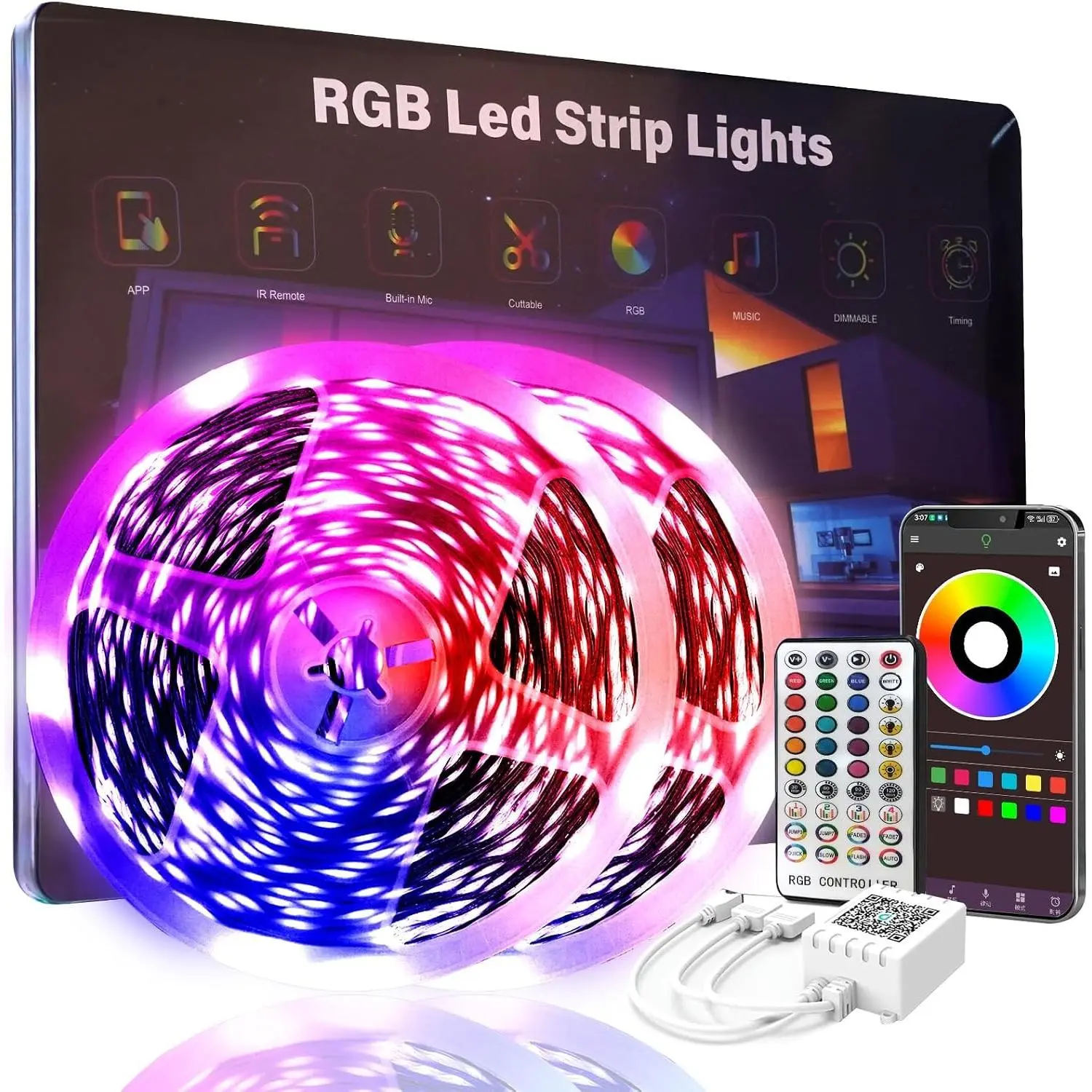 200FT LED Lights for Bedroom (2 Rolls of 100FT), Music Sync Smart LED Strip Lights, Bluetooth App Control, RGB Color Changing, Ultra LongGift