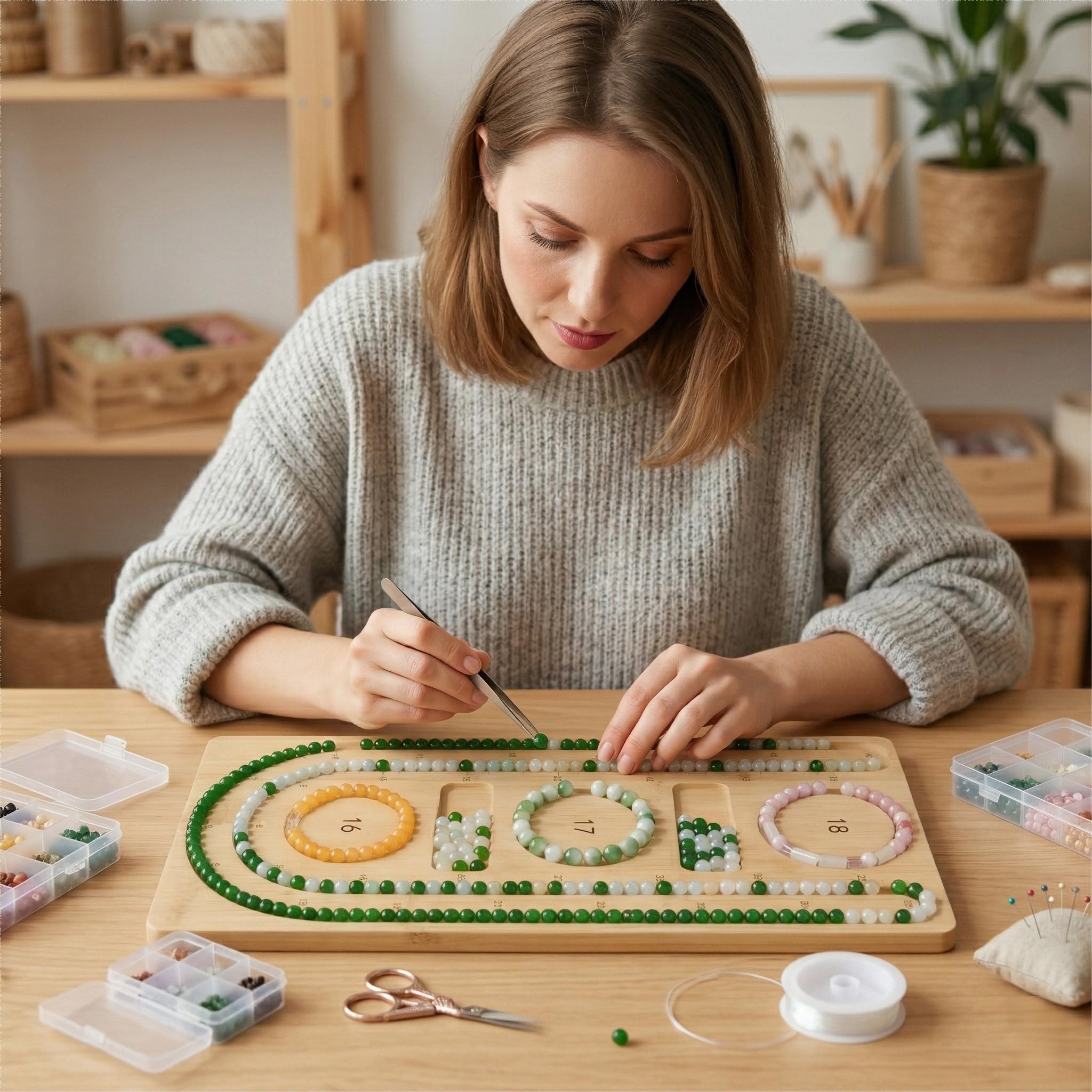 Bamboo Bead Board for Jewelry Making, Bracelet Design Tray & Necklace Organizer, Wooden Bead Sorting Tray with Measurement Scales, Professional DIY Beading Supplies for Jewelry Designers & Crafters