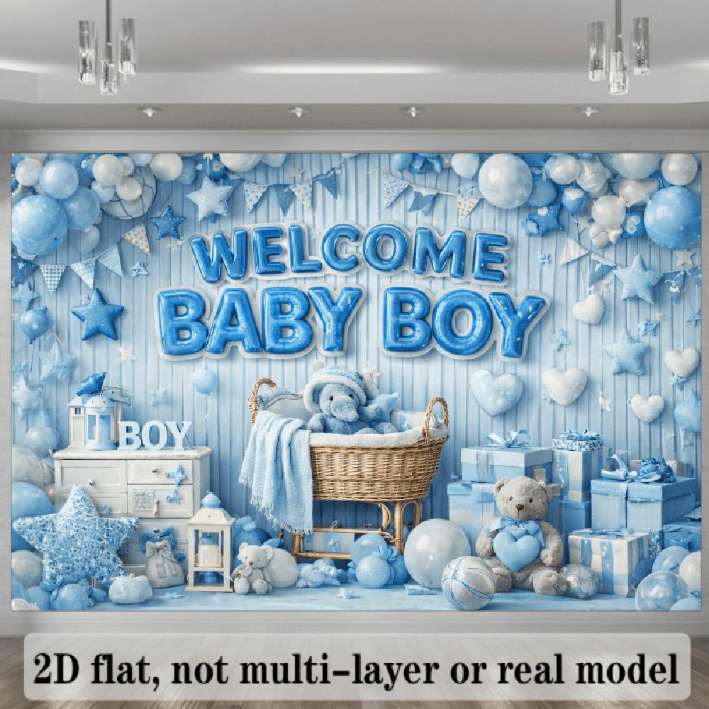 2D Flat Polyester Photoshoot Backdrop - HD Print Blue & White Balloons Stars, Gifts, Teddy Bear Theme - Party Banners, Home Decor for Birthday, Baby Shower Celebration Events, Backdrop Picture