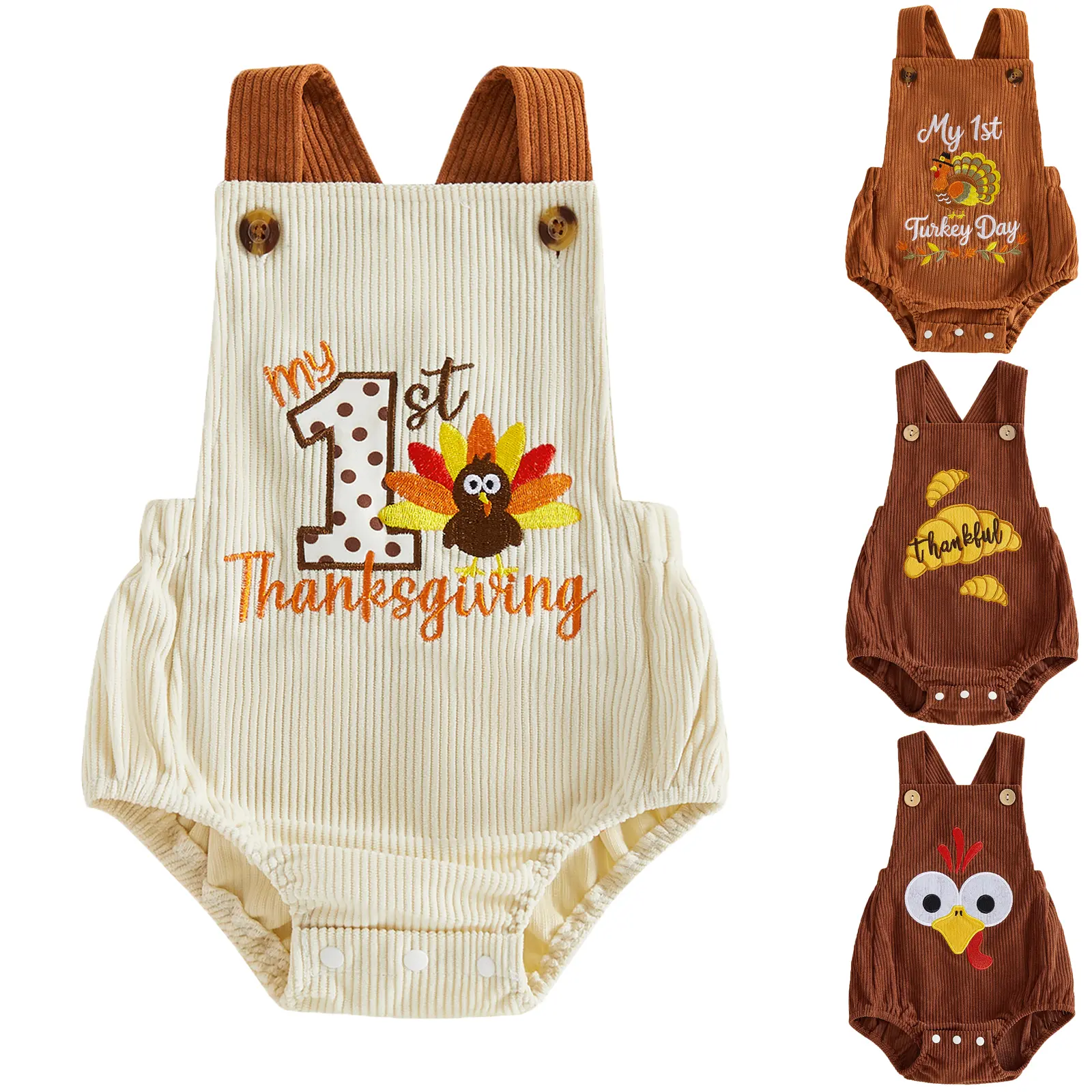 Babamoon Unisex Baby 100% Polyester Square Neck Thanksgiving Turkey Embroidery Sleeveless Romper Jumpsuit, Multi-Size Bodysuit Overalls for Newborns Infants 0-18M, One-Piece