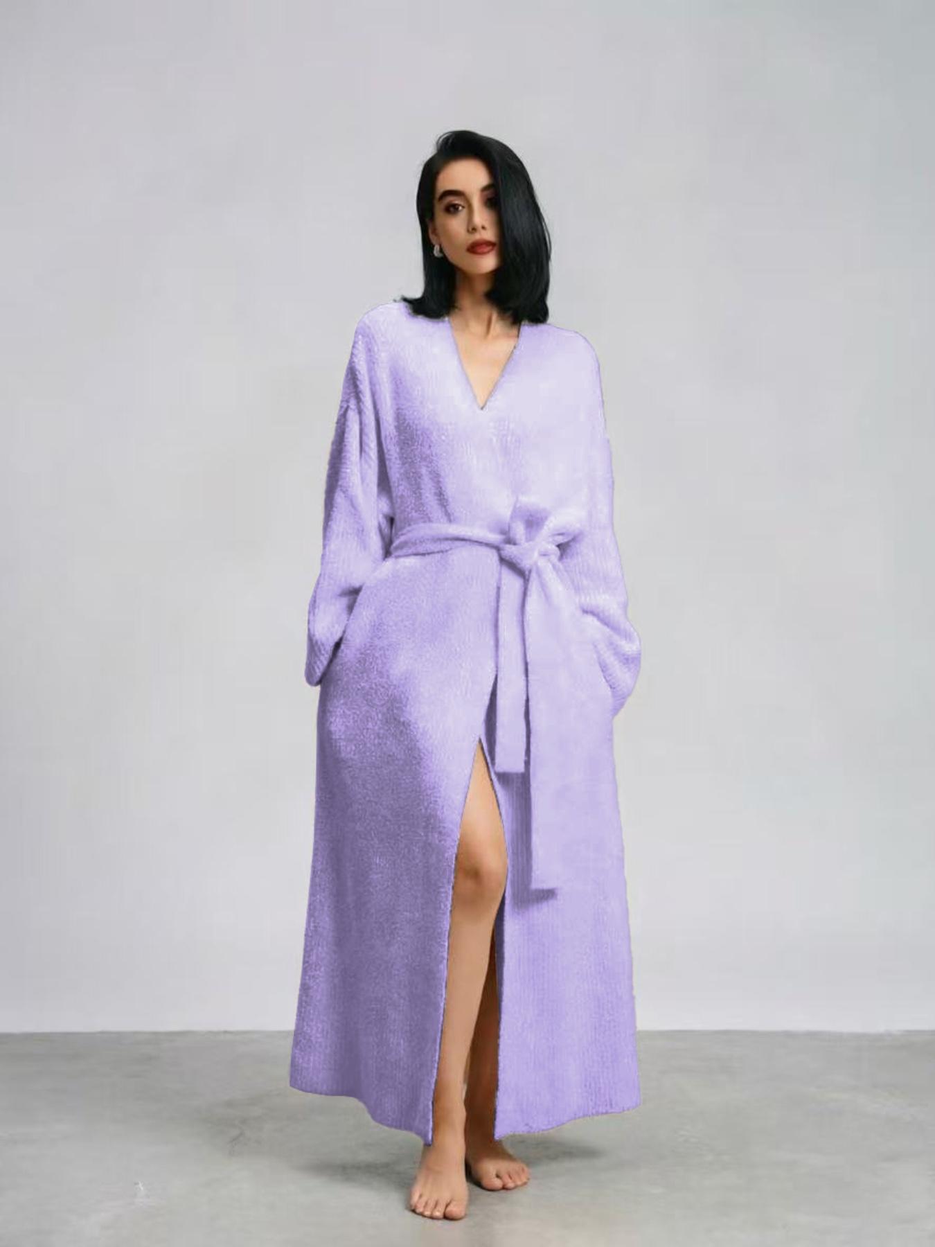 【COZY Soft Plush Feel】Women's Solid Color Thickened Thermal Lined Long Sleeve Drop Shoulder Bathrobe, Oversize Loose Casual Soft Comfortable Thermal Warm Pocket Belted V Neck Dressing Gown for Women, Ladies Sleepwear for Winter 【COZY Soft Plush Feel】Women's Solid Color Thickened Thermal Lined Long Sleeve Drop Shoulder Bathrobe, Oversize Loose Casual Soft Comfortable Thermal Warm Pocket Belted V Neck Dressing Gown for Women, Ladies Sleepwear for Winter