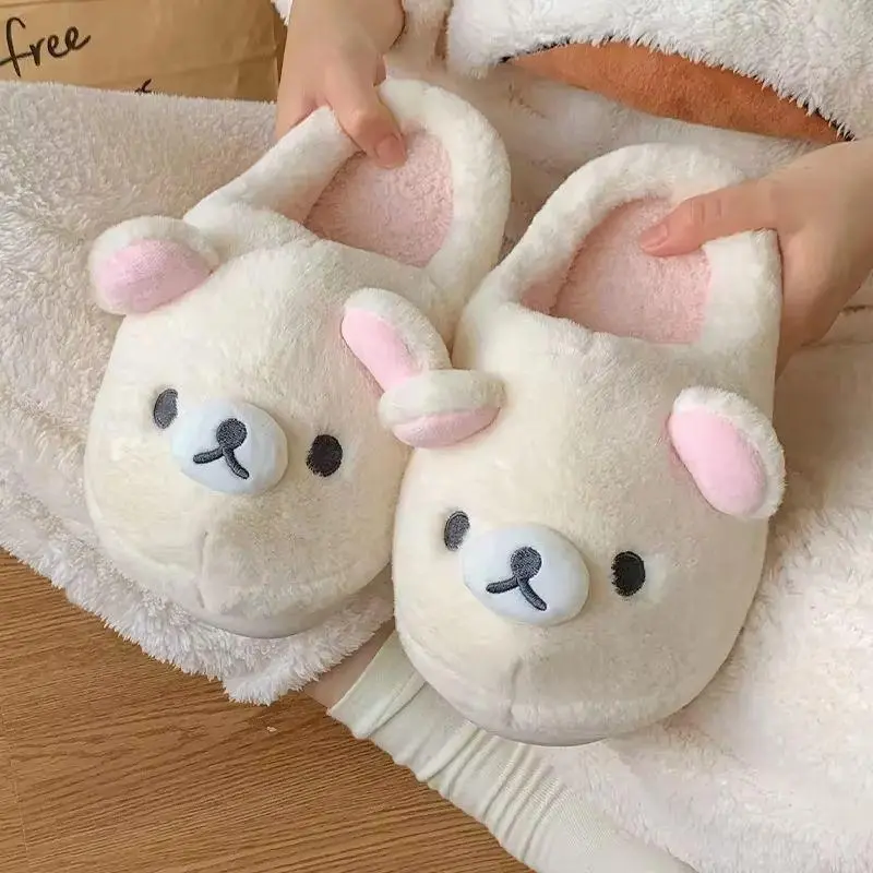 Kawaii Bear Rilakkuma Cotton Slippers Cute Flat Closed-Toe Mules for Men And Women Winter Cartoon Home Shoes Couples Footwear