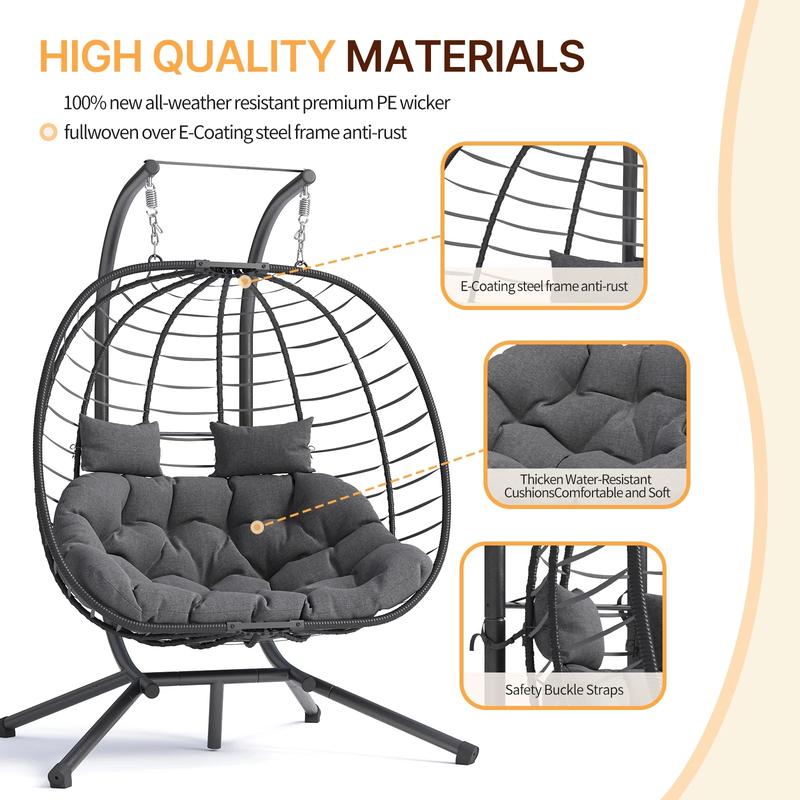 UDPATIO Outdoor Double Wicker Swing Egg Chair 2 Person Foldable Hanging Egg Chair with Stand, Porch Swing Loveseat for Patio, Balcony, Porch, Indoor&Outdoor