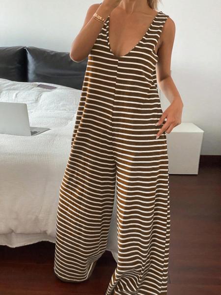 Women's Striped Print   Jumpsuit, Casual Comfy Sleeveless Jumpsuit for Spring & Fall, Women's Jumpsuit for Daily Wear