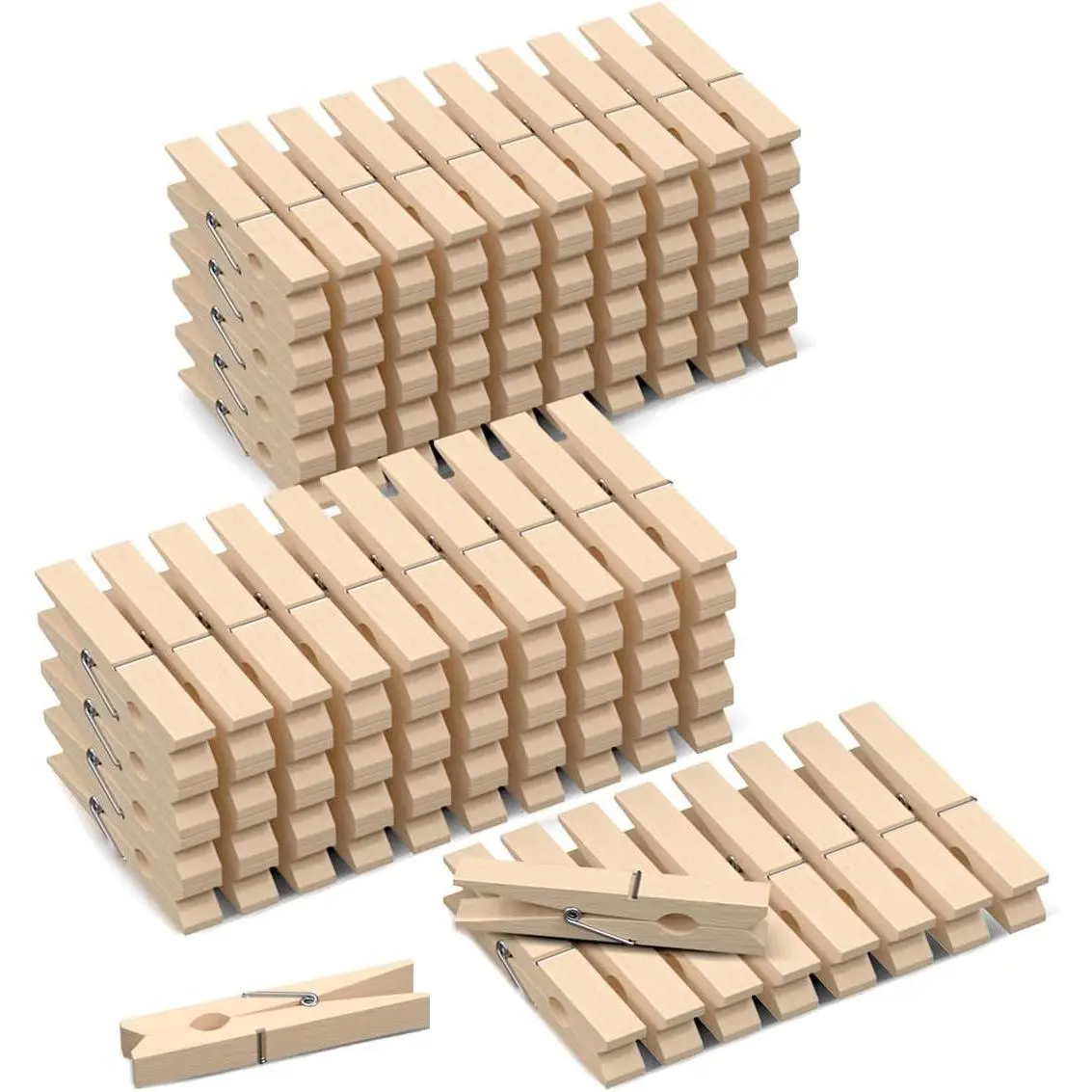 100-Pack Solid Birch Wooden Clothespins Bulk - 2.9in Rustproof Clips with Resistant Springs, Heavy-Duty Laundry Grip, Smooth Splinter-Free Finish for Photo Projects, Home Organization, Party Decor