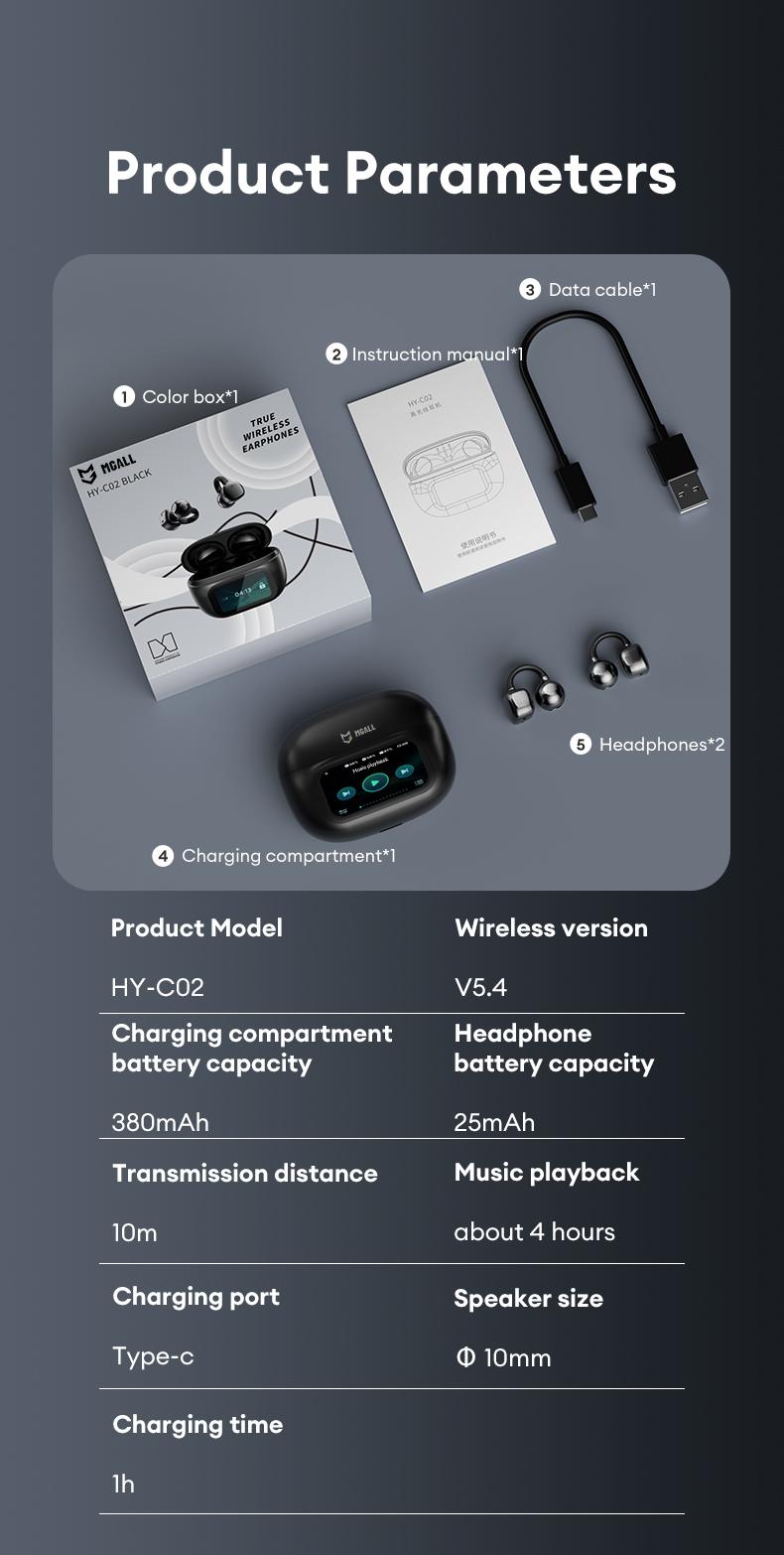 MGALL C02 Clip-On Ear Headphones with LCD Full Color Touch Screen, 2025 New Bluetooth 6.0 for Faster, More Stable Connection & Lower Power Consumption, Audio Wireless Headphones for Music & Phone Calls