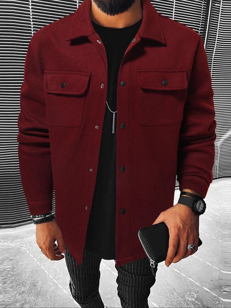 Men's Plain Long Sleeve Jacket, Regular Fit Casual Classic Button Front Flap Pocket Collared Outerwear for Fall & Winter, Going Out Outfit Men's Plain Long Sleeve Jacket, Regular Fit Casual Classic Button Front Flap Pocket Collared Outerwear for Fall & Winter, Going Out Outfit