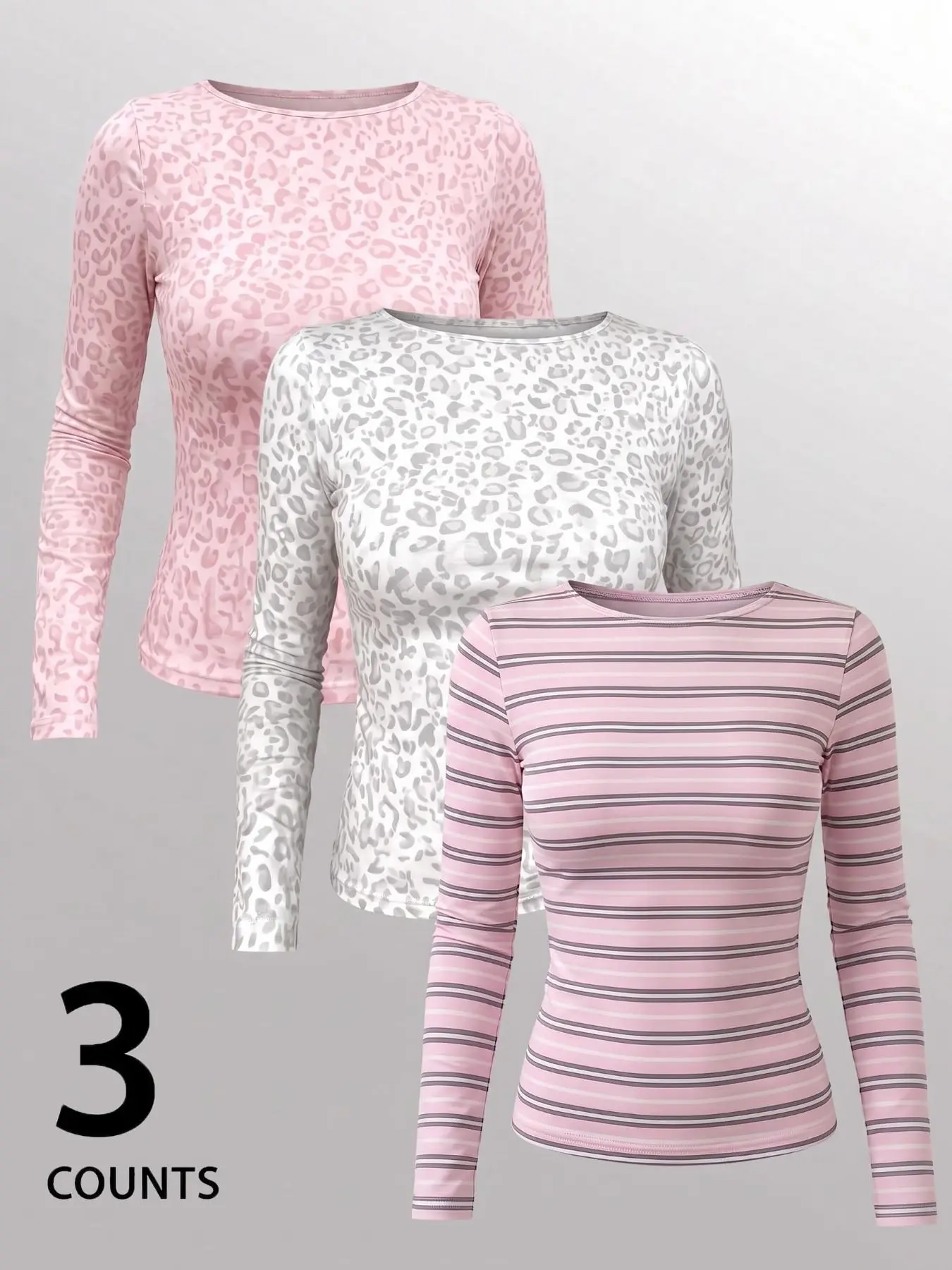 3 Pack Women Soft Long Sleeve T Shirts, Leopard & Stripe Print Slim Fitted Crew Neck Tee, Casual Basic Stretch Top for Daily Layering Going Out Fall Winter Wear #springsaledeals2026 #summeroutfits #TikTokShopBlackFriday #DiscoverForYou #spotlightfinds