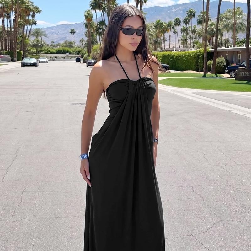 Women's Solid Color Ruched Bodycon Halter Neck Dress, Sexy Sleeveless Strapless Backless Slim Fit Tube Dress, Party Club Date Gown Dress, Elegant Slim Fitting, Casual Daily Maxi Dresses For Ladies Summer
