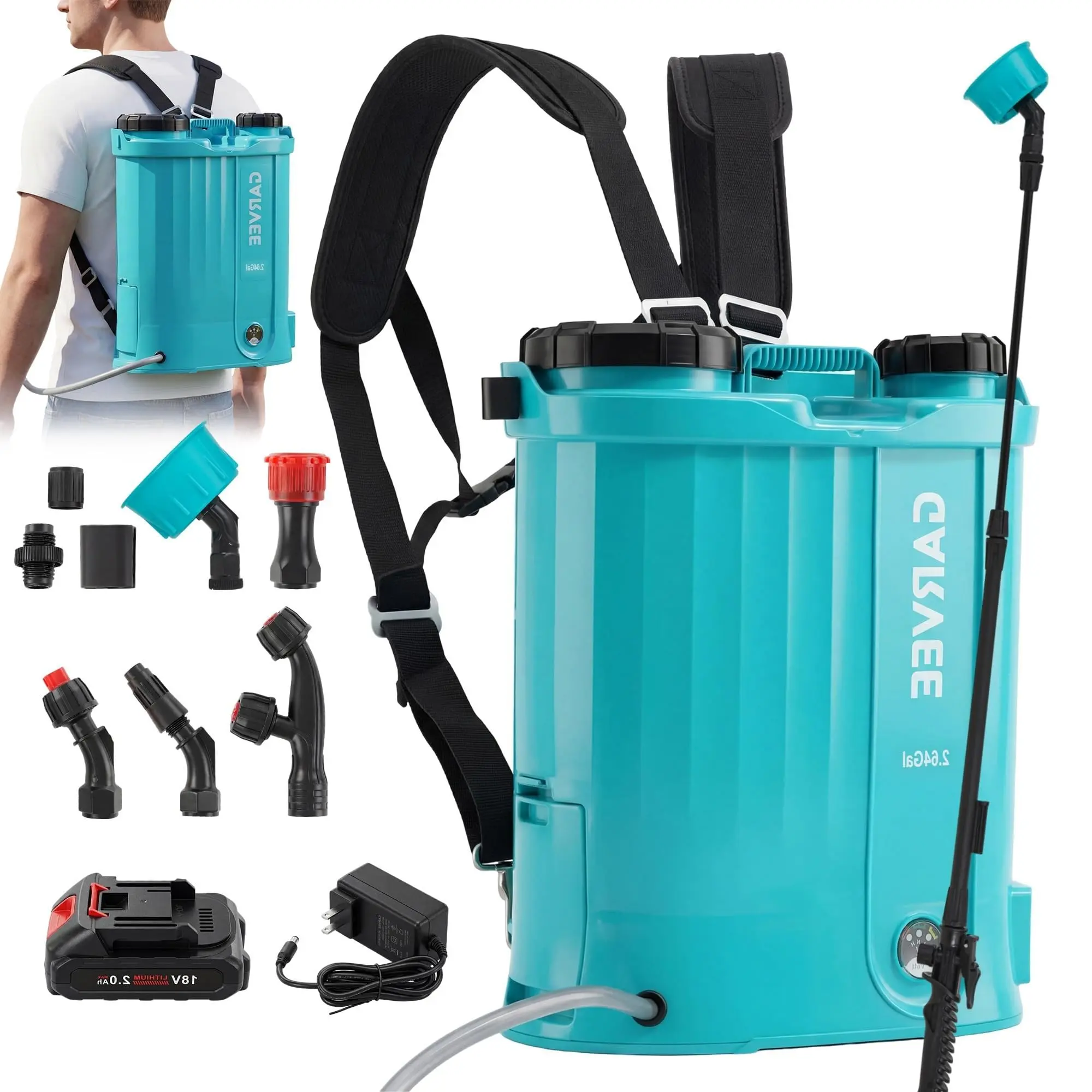Battery Powered Backpack Sprayer 2.64 Gallon – Adjustable 0-65 PSI, 18V 2Ah Rechargeable, 5 Nozzles, Ergonomic Wide Mouth, Garden & Lawn Watering – White + Lake Blue