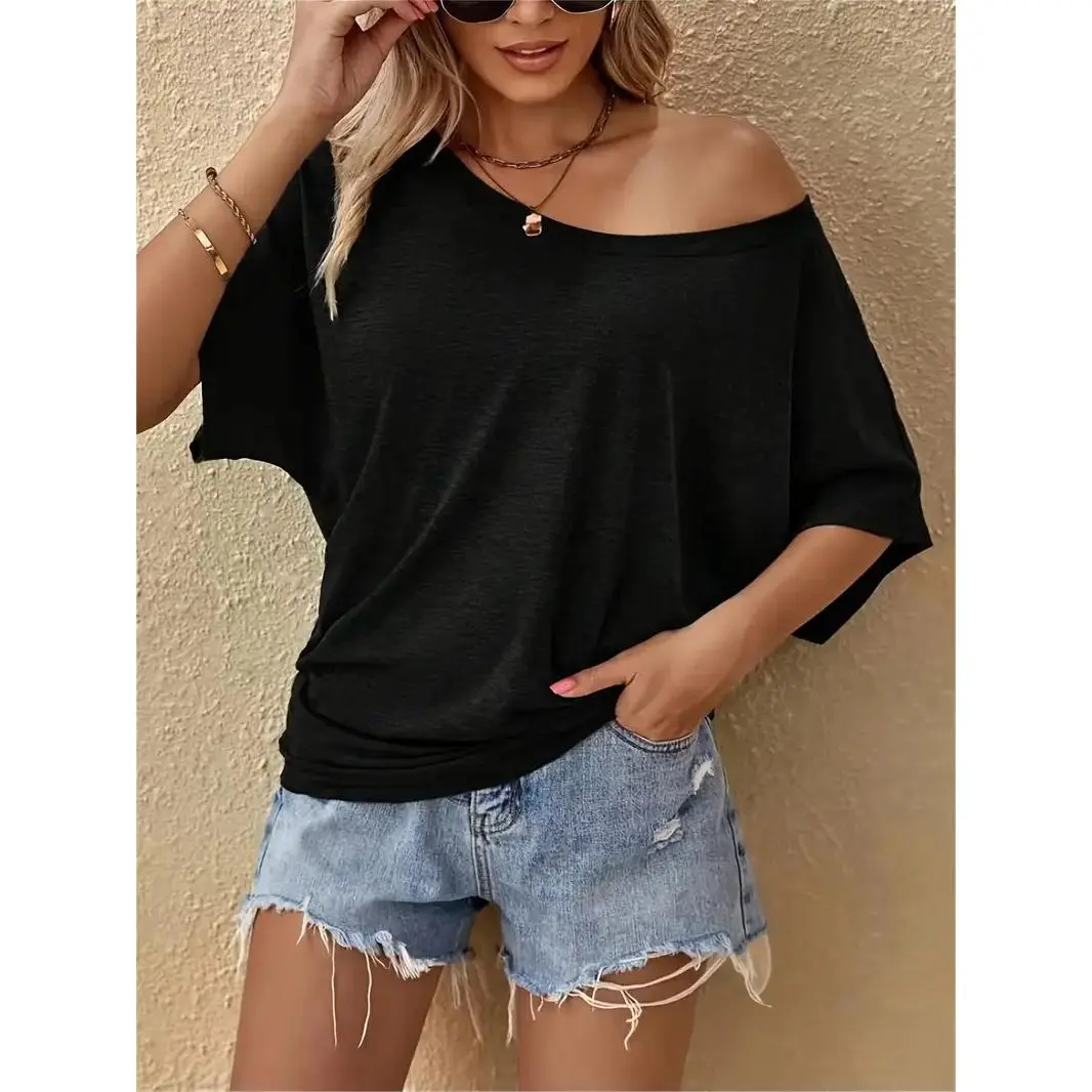 Women's Casual Loose Off Shoulder Batwing Short Sleeve T-Shirt Oversized Slouchy Basic Tee Tops Summer Boat Neck Dolman Shirt Trendy Comfy Everyday Wear Tunic Pullover No Pocket Blouse