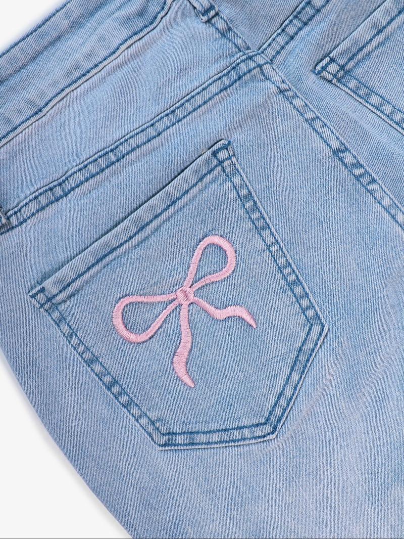 Women's Bowknot Embroidery Jeans High Waist Y2k Stretch Flare Denim Jeans Bell Bottom