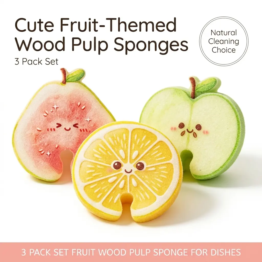 3/6 pcs Cute Cartoon‑Fruit‑Themed Wood Pulp Sponge for Washing Dishes and Pots, an Essential Kitchen Cleaning Tool
