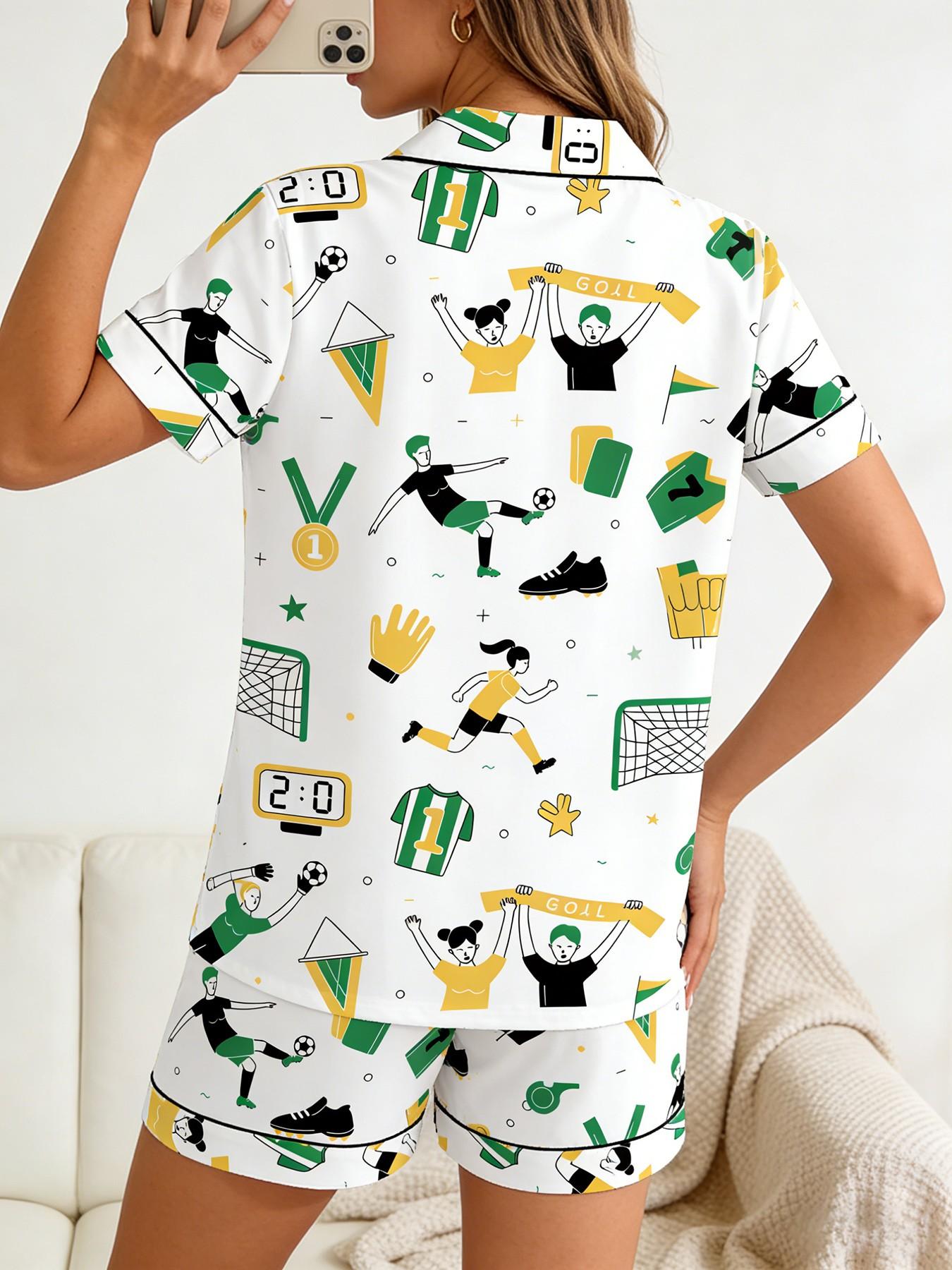 Women's Short Sleeve Button Down Top and Shorts Pajama Set, Spring Summer Wear, For Soccer Football Fans, White Base Yellow Green Soccer Game Print, Classic Lapel Collar, Loose Fit, Comfortable For Home & Game Nights