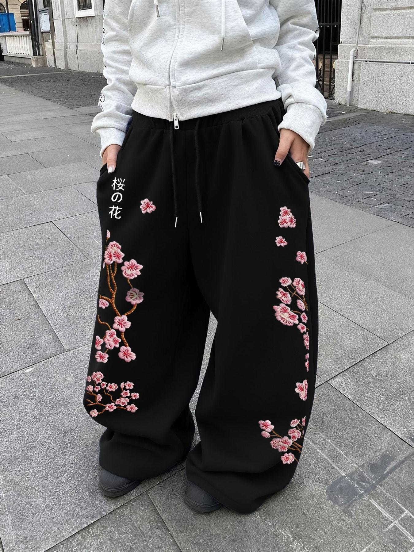 Unisex Waist Drawstring Straight Leg Loose Pants, Floral Print, Casual Comfortable Daily Wear, All Seasons, Sporty & Home Clothing