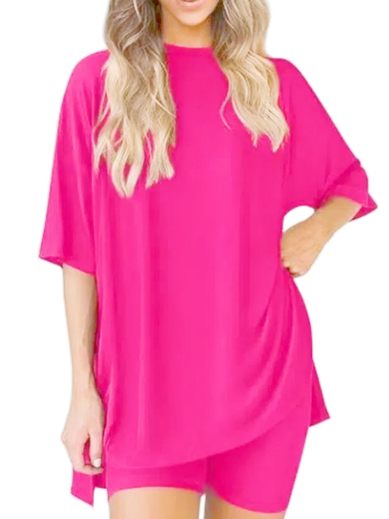 Women's solid color T-shirt and fitted shorts loungewear set, summer casual comfortable round-neck pajamas with pockets, loose fit, affordable women's sleepwear