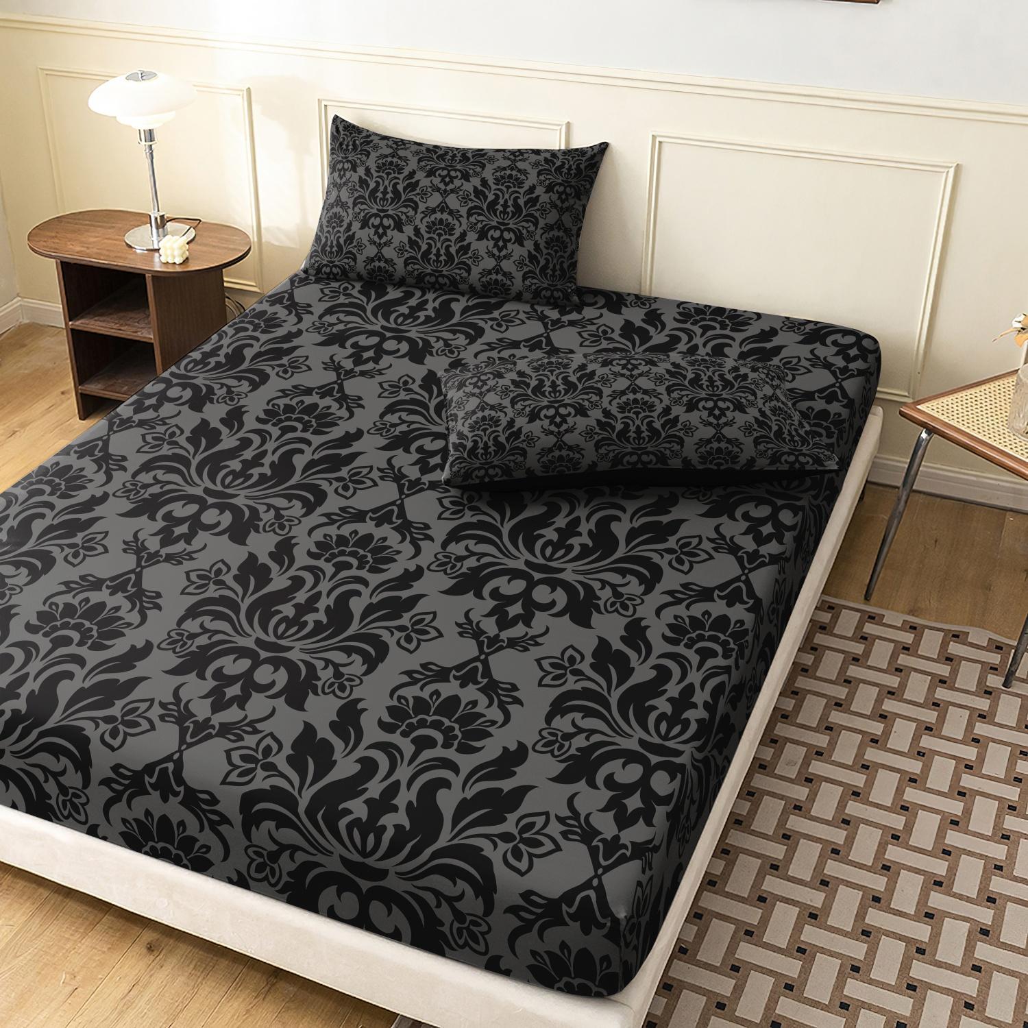 3pcs Fitted Sheet Set (1 Fitted Sheet + 2 Pillowcases, Pillow Core Not Included), Home Dormitory High-Definition Printed Black Pattern Fitted Sheet