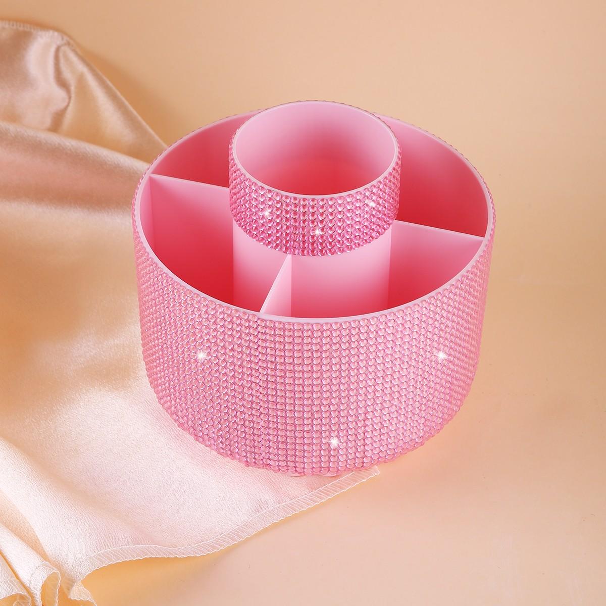 Luxury Rhinestone Makeup Brush Holder Storage Box, 360° Rotating Cosmetic Organizer with Multiple Compartments, Suitable for Women and Girls