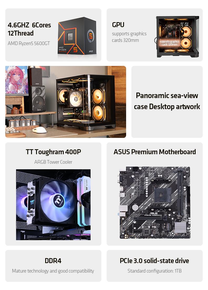 YEAH MAGIC Astral S1 Desktop PC AMD Ryzen 5 5600GT (6 core up to 4.6GHz) 16GB DDR4 3200MHz 1TB NVMe SSD 650W Gold PSU Windows 11 Home WIFI Gaming PC with 7 ARGB Fans,Gaming PC,Prebulit PC