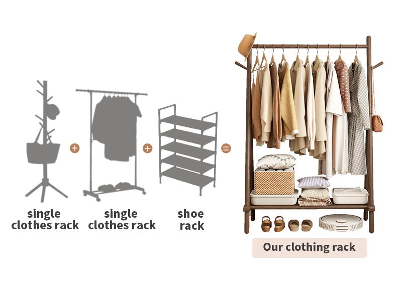 Solid Wood Clothes Rack, Clothing Rack with Shelf and Hook, Sturdy and Portable, Garment Rack for Hanging Clothes,Coats,Skirts,Shoes,Bags,Easy to Assemble (Walnut)