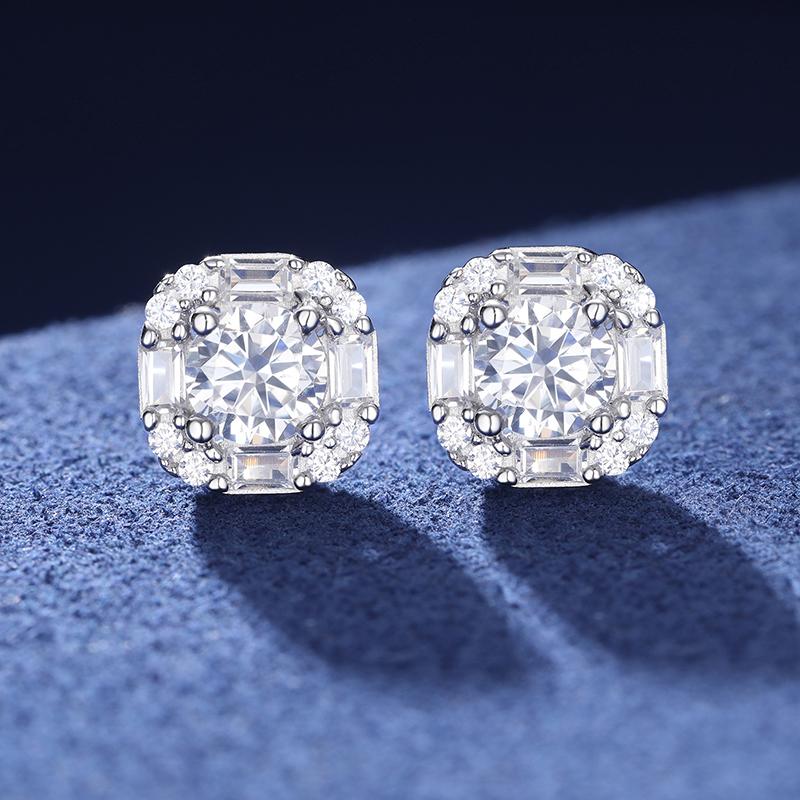 【#E250】925 Sterling Silver Synthetic Moissanite Square Halo Earrings for Women Men Jewelry Gifts Hip Hop Rapper