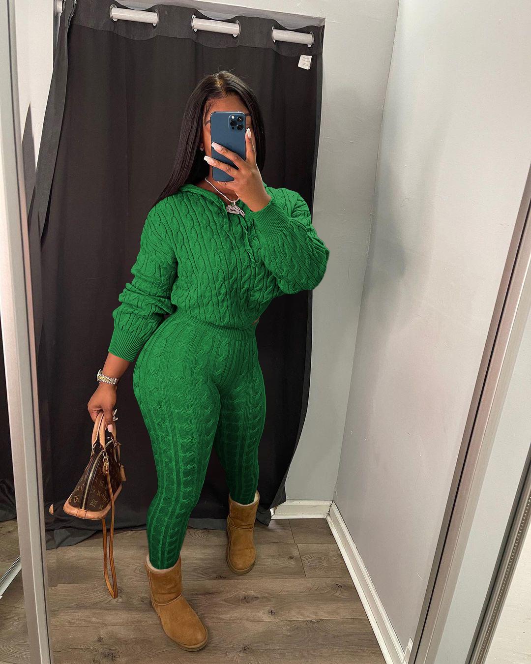 USBoutique Chic Two-piece Set Women's Solid Drop Shoulder Cable Knit Crop Sweater & High Waist Pants. Casual Fashion Cozy Plush Outfits for Daily Outdoor Wear, Women Clothes for Fall & Winter, Fall Outfits. Green Hoodie Girl, Drop Shoulder Sweater
