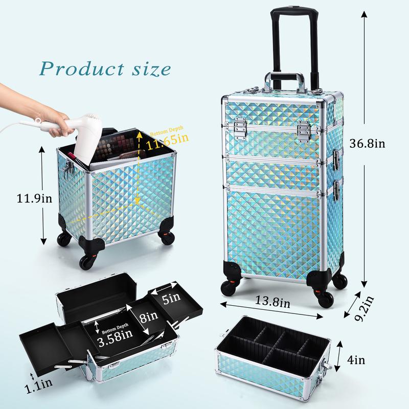 3 in 1 Rolling Makeup Train Case Large Cosmetic Trolley Salon Barber Case for Make Up Hairstylists Nail Tech Aluminum Makeup Trolley Case