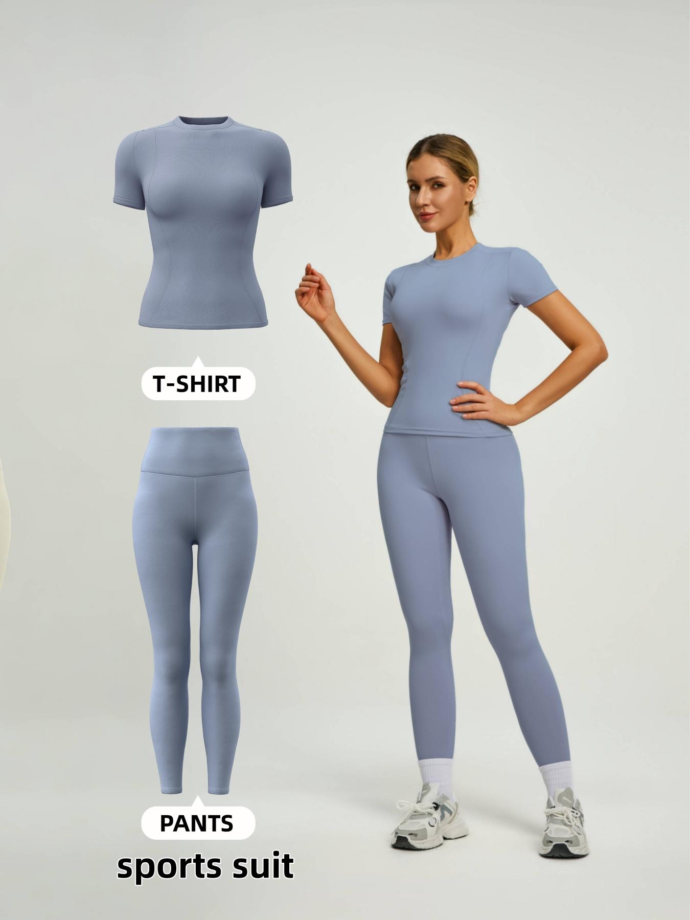 Women's Short Sleeve Sporty Set, High Waist Yoga Pants & T-Shirt Combo, Ideal for Fitness Gym Sculpting Workout, Workout Running Clothes